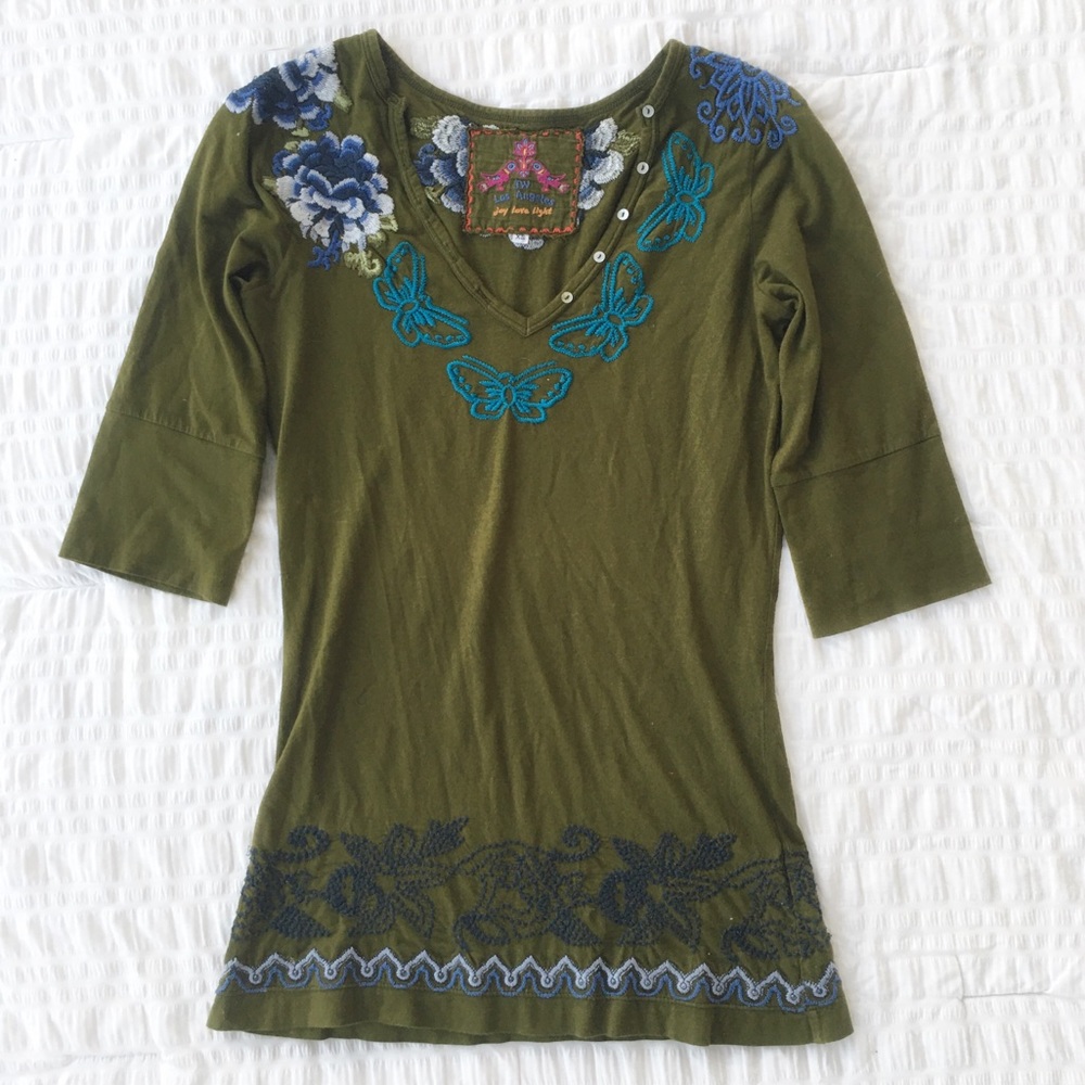 Johnny Was Floral Embroidered Long Sleeve Top XS